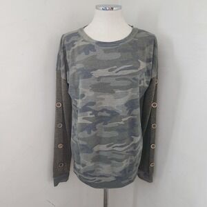 7th Ray Womens Camo Button Sleeve Sweatshirt Green Gray Small